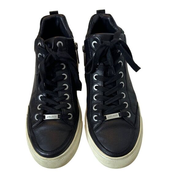 J/Slides NYC Womens Leather High-Top Sneakers Black With White Sole - Picture 2 of 8